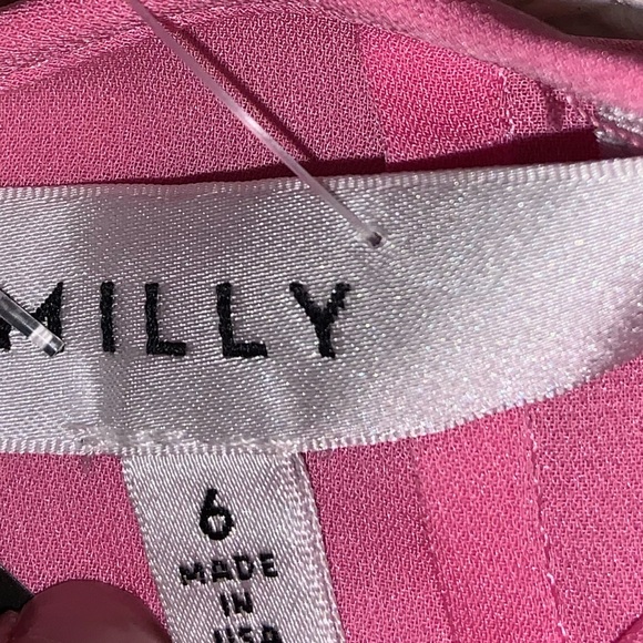 MILLY Pink Silk Crew-Neck Bell Sleeves Blouse ruffle fall casual boho designer - Picture 2 of 6